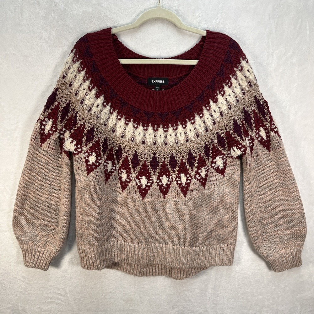 Express Wool Blend Metallic Sweater Womens Small Pink Red Winter Cozy Fair Isle